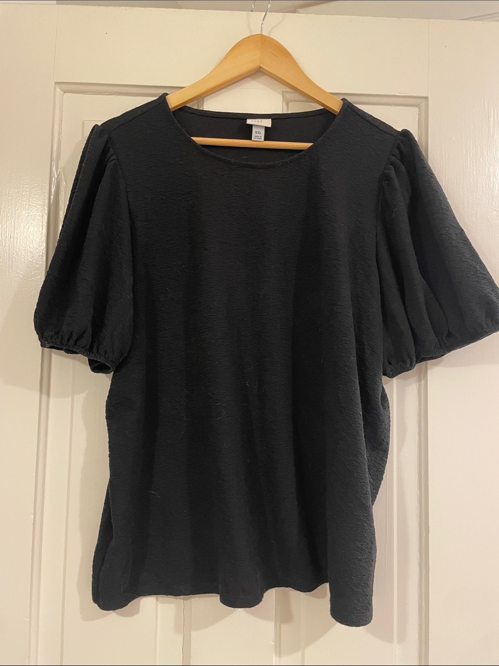 a new day Black Puff Sleeve Textured Crewneck Top